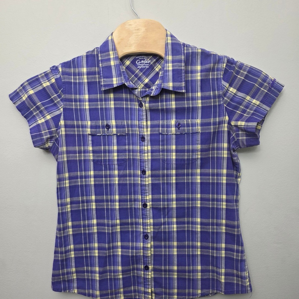 Cabela's Plaid Button Up Shirt Womens Medium Purple Yellow Short Sleeve Stretch